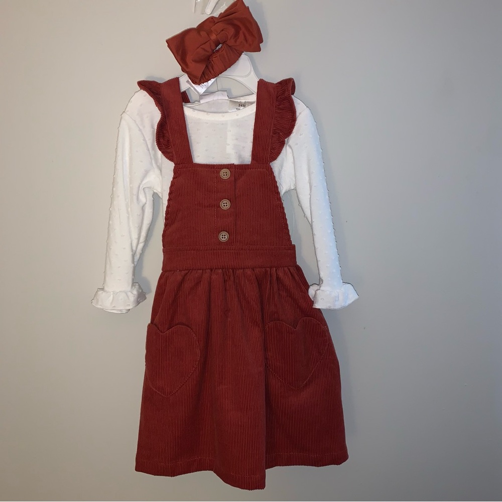 Blueberi boulevard Corduroy Pinafore Dress with White Top and Bow 24M